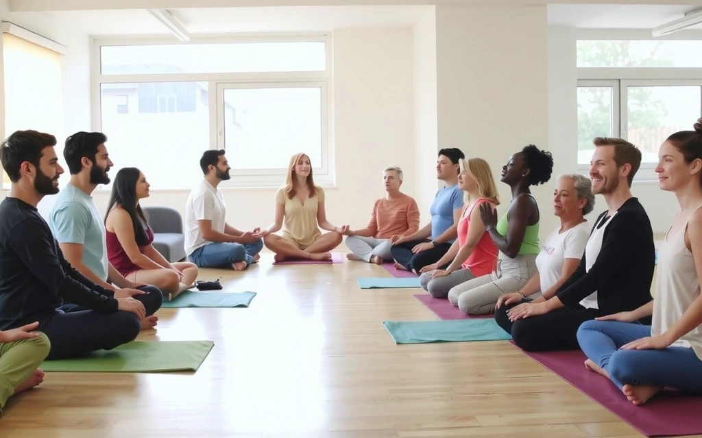 Diverse group of people meditating peacefully in a harmonious setting.