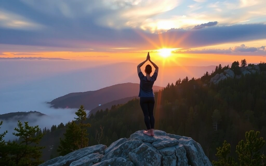 Serene landscape with a yoga practitioner at sunrise, embodying peace and natural well-being.