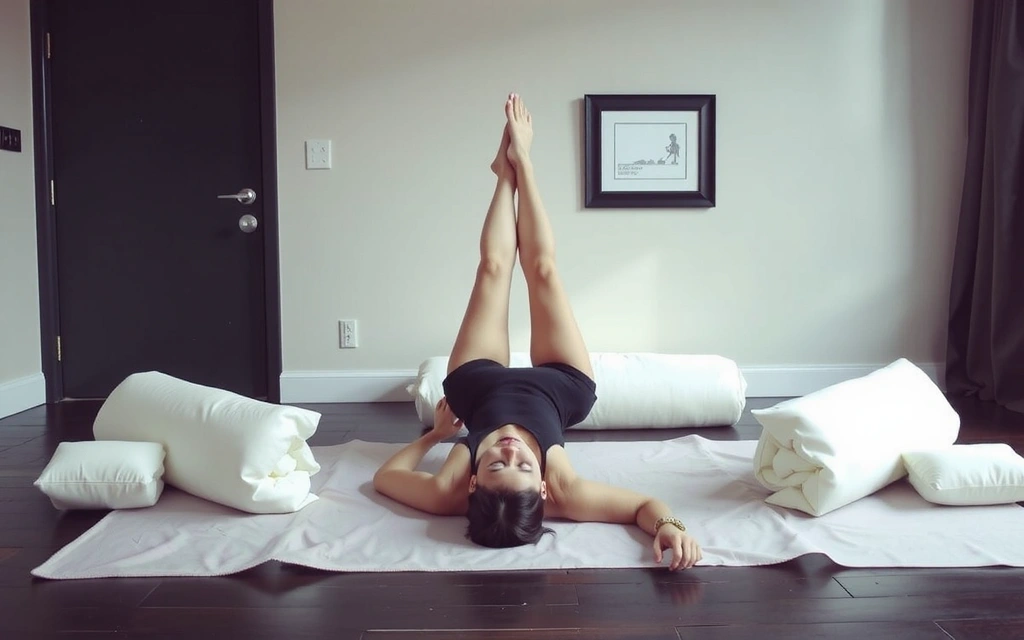 Woman holding a restorative yoga pose with bolsters and blankets.