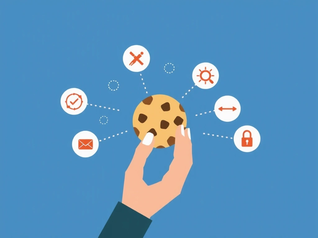 Illustration of a hand holding a cookie with various digital privacy settings icons floating around it, representing cookie management.