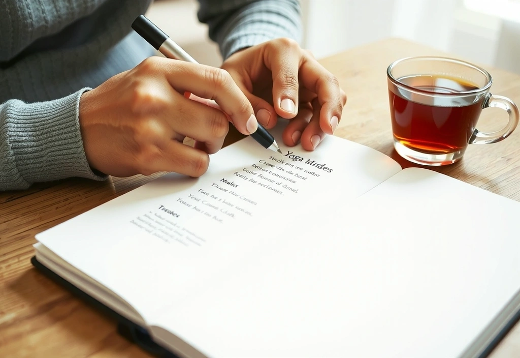 A person writing notes about yoga on a notepad