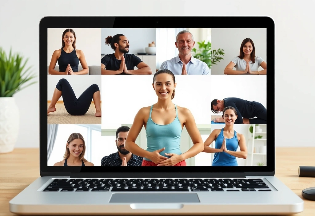 Diverse group of people doing yoga online