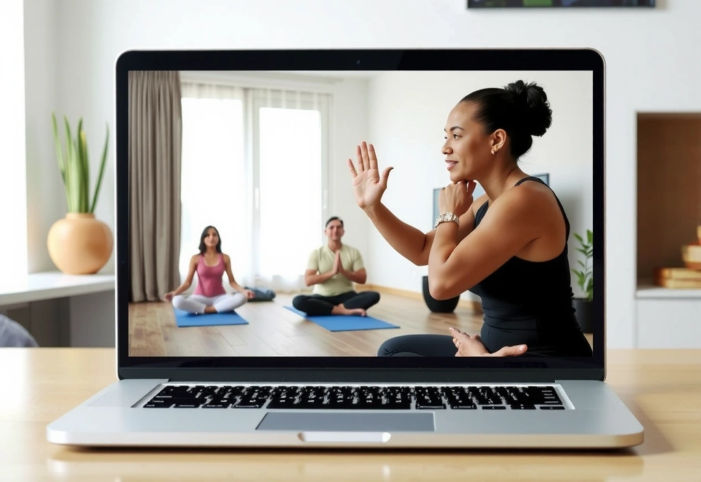 Laptop showing a video call with a yoga instructor