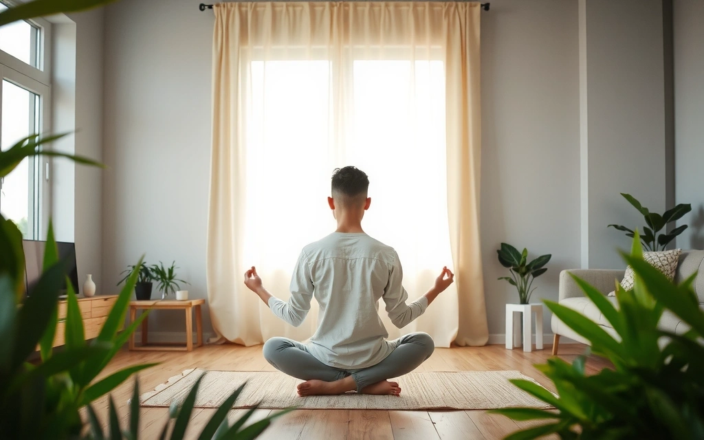 A person meditating peacefully in a home environment, surrounded by soft light and plants.