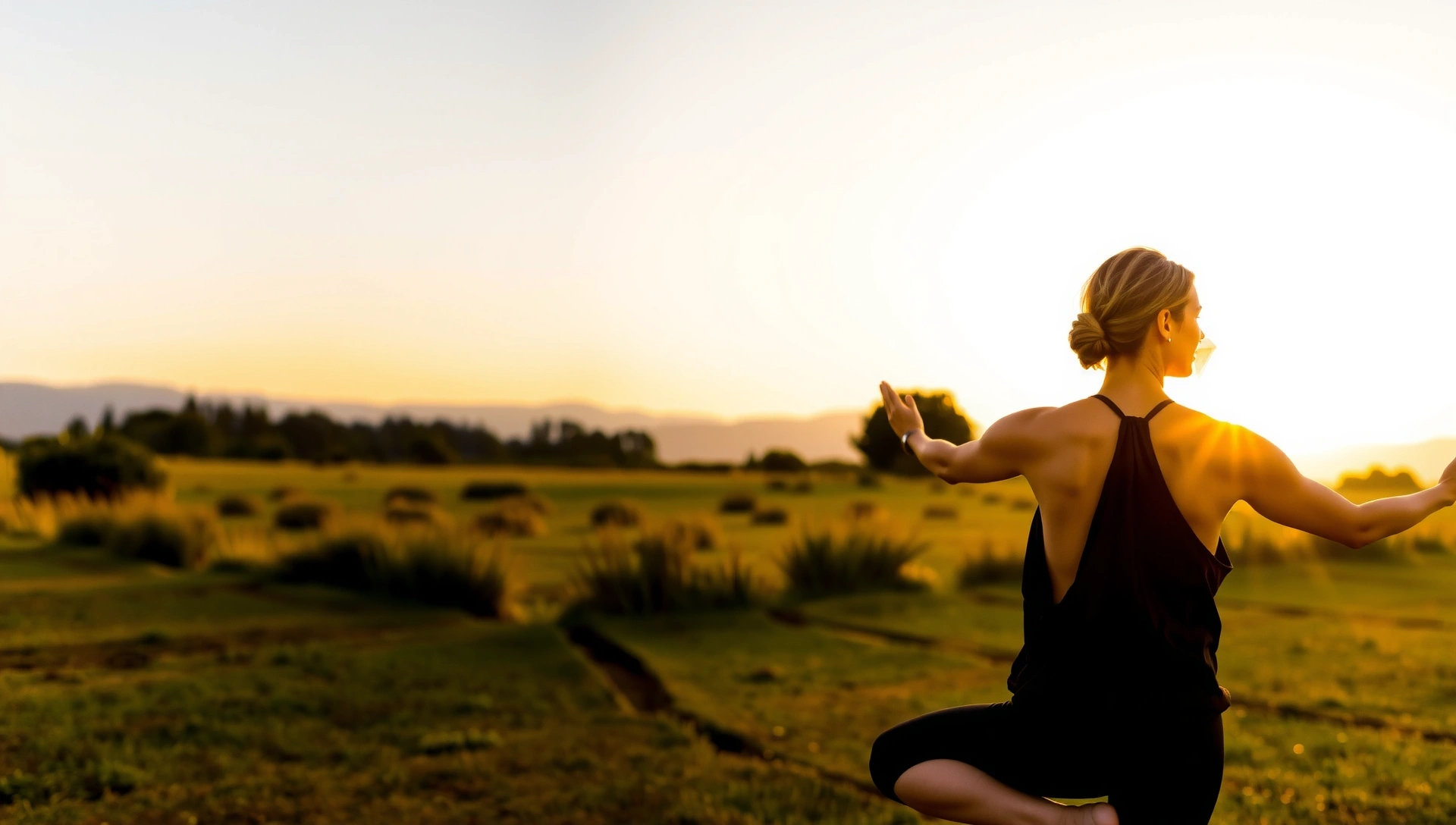 A serene woman practicing yoga in a sunlit natural setting, embodying peace and flexibility.