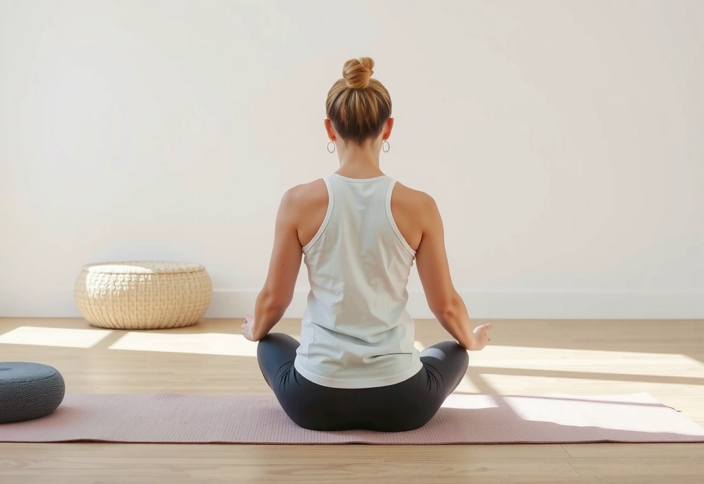 A person practicing meditation in a peaceful, sunlit room with yoga props.
