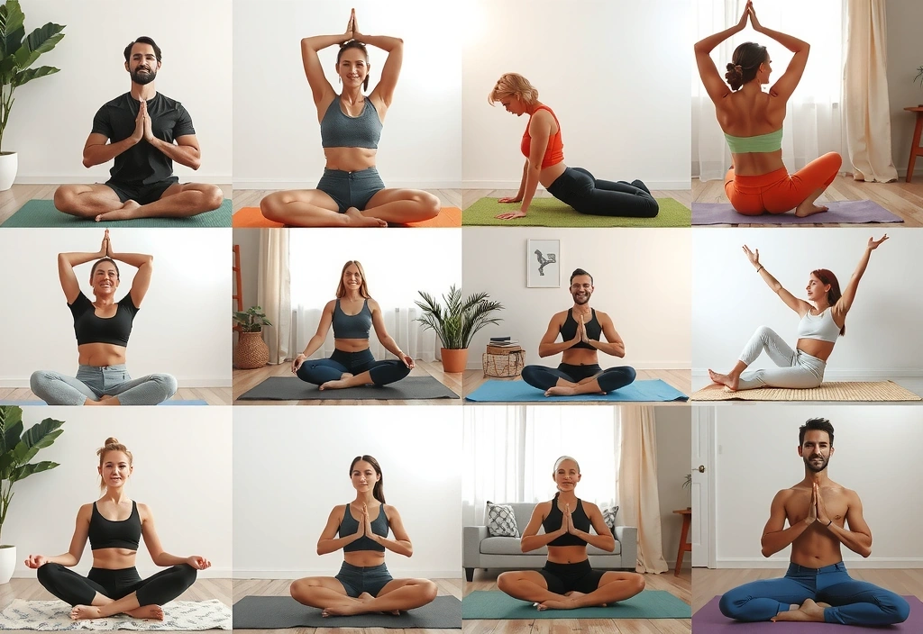A diverse group of people practicing yoga virtually, each on their own mat in a peaceful home setting.