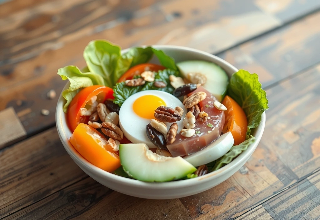A vibrant, healthy salad bowl with fresh ingredients, representing nutritious eating.