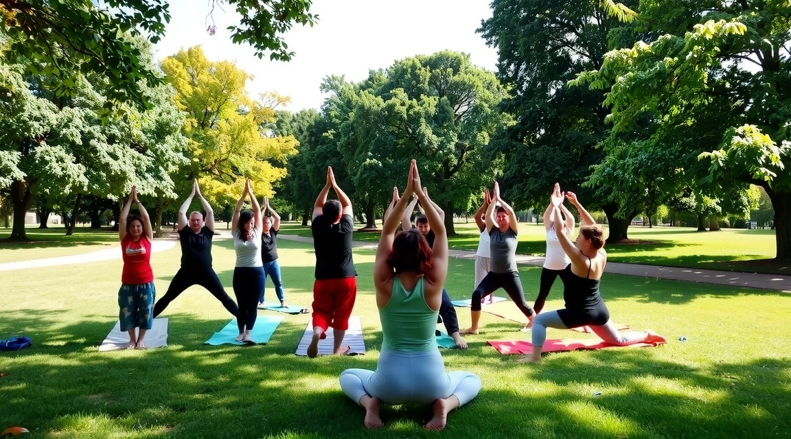 A group of people practicing outdoor yoga in a park, demonstrating community and shared wellness.