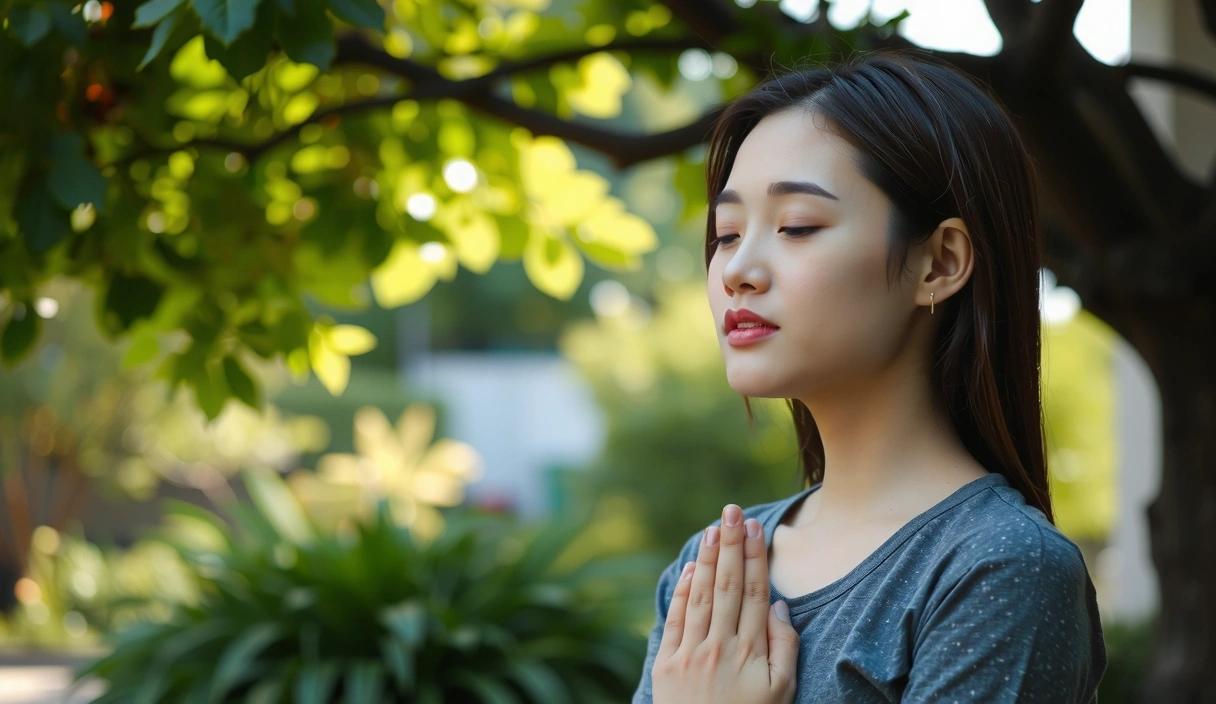 A person practicing mindful breathing in a serene outdoor setting, with lush greenery and soft natural light. Focus on calm expression and gentle hand gestures.