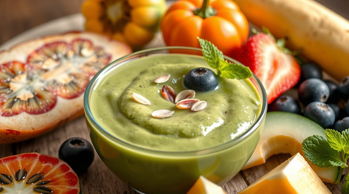 A vibrant, fresh green smoothie bowl topped with various fruits and seeds, symbolizing healthy nutrition and vitality.