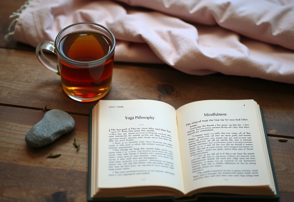Yoga philosophy book and a cup of tea