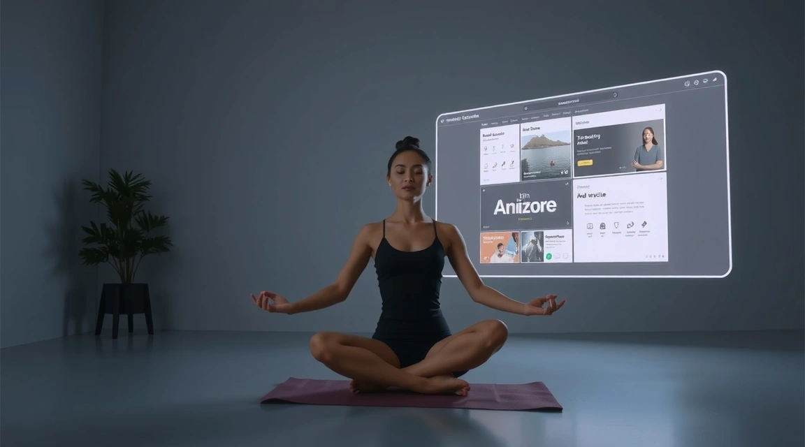 Person meditating with digital interface overlay